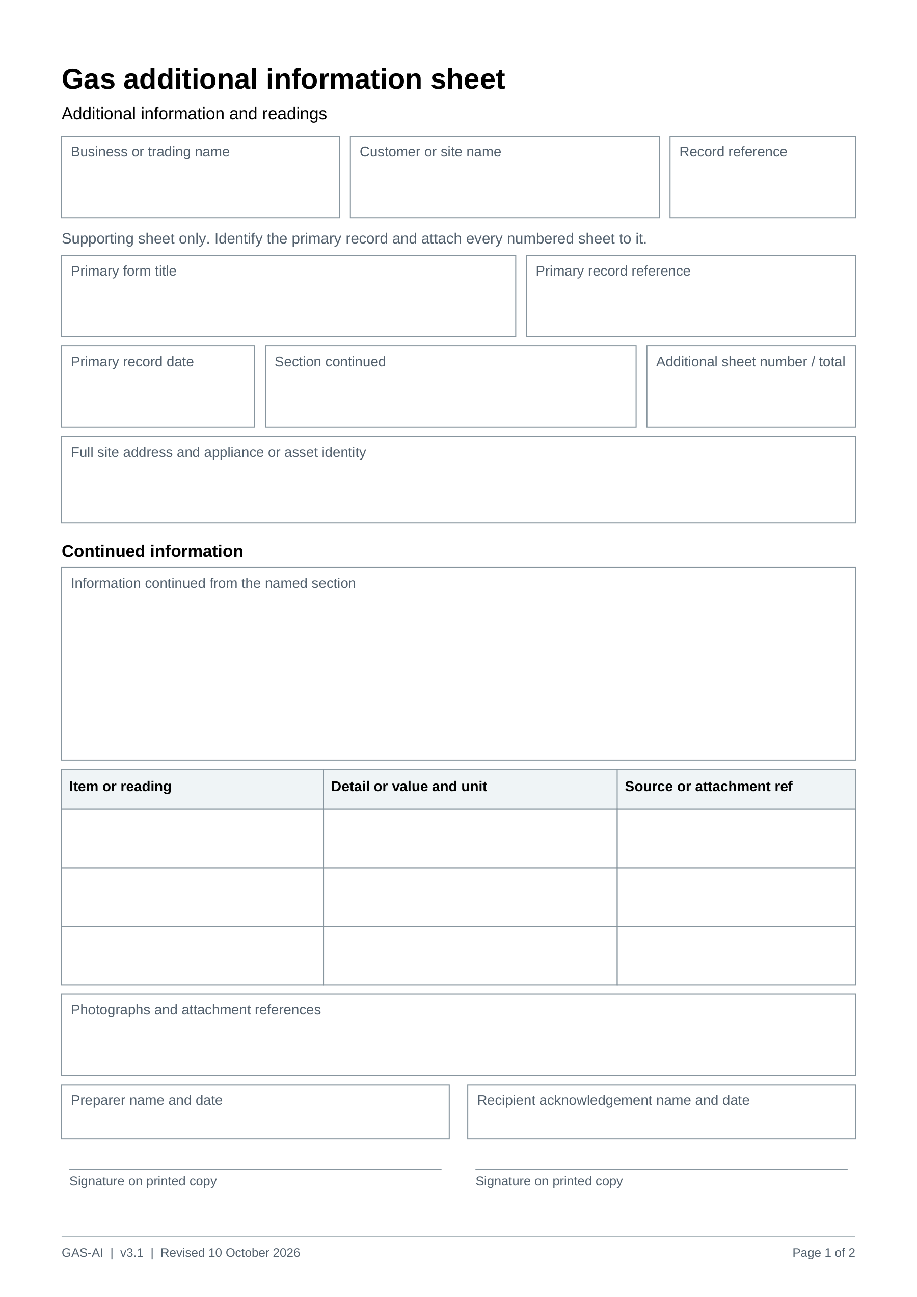 Preview of Gas Additional Information Sheet