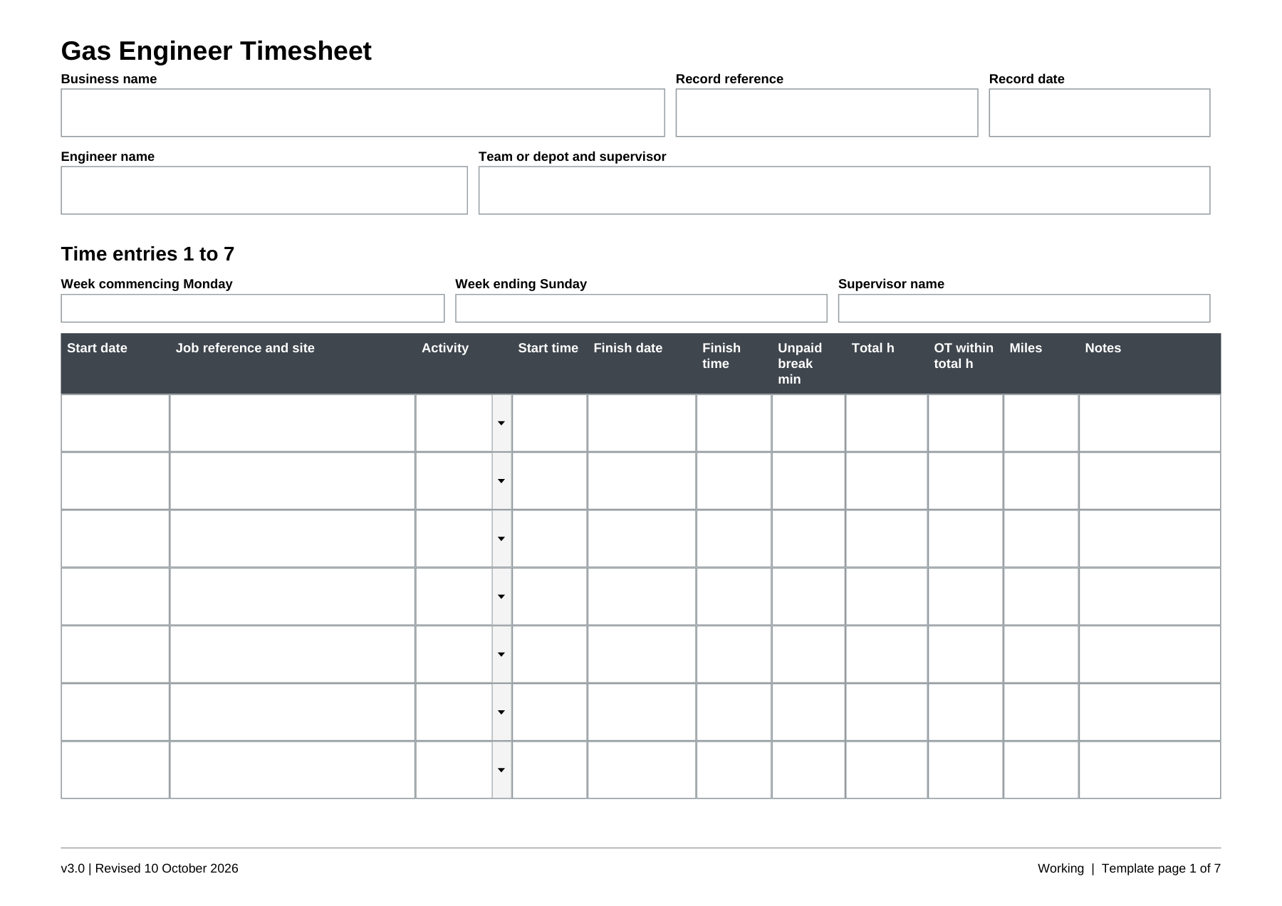 Preview of Gas Engineer Timesheet
