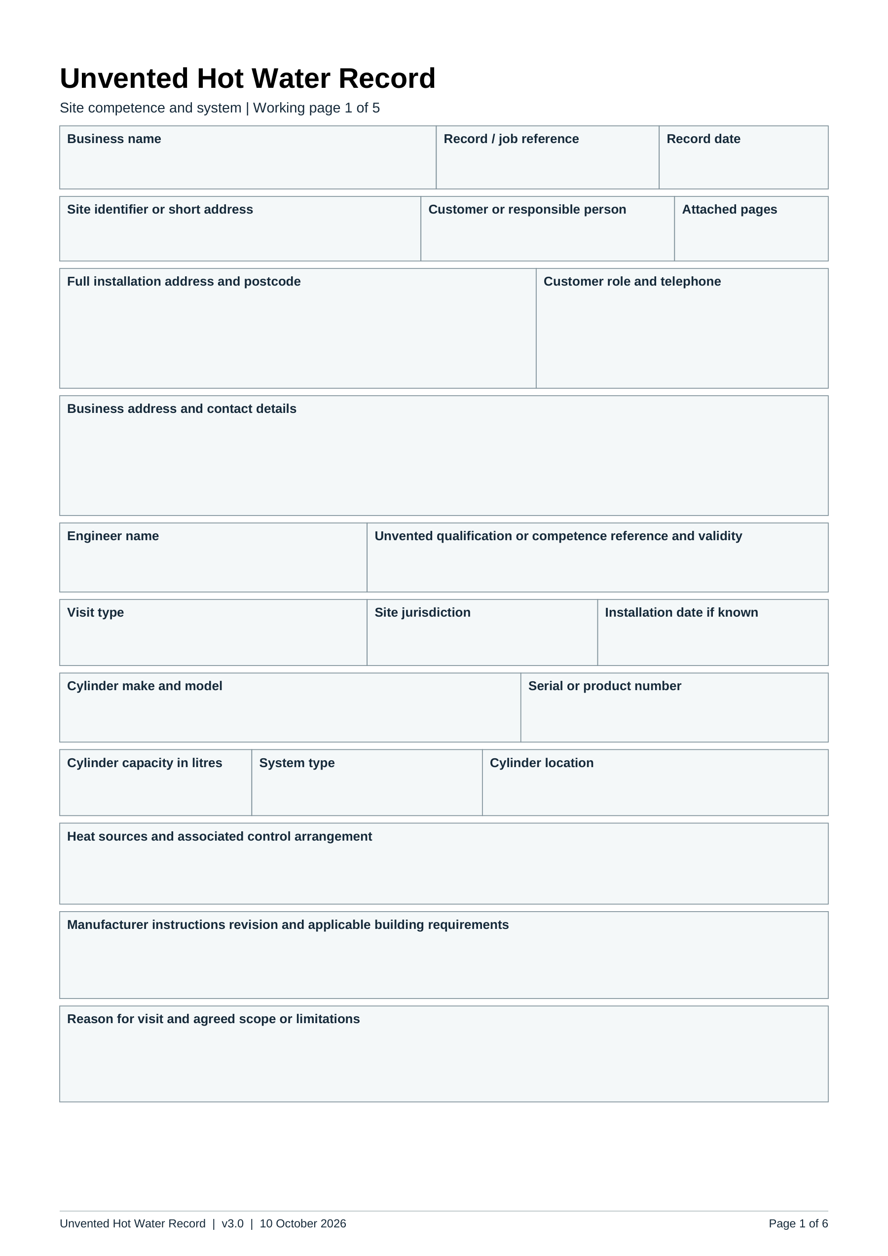 Preview of Unvented Hot Water Storage Commissioning Checklist