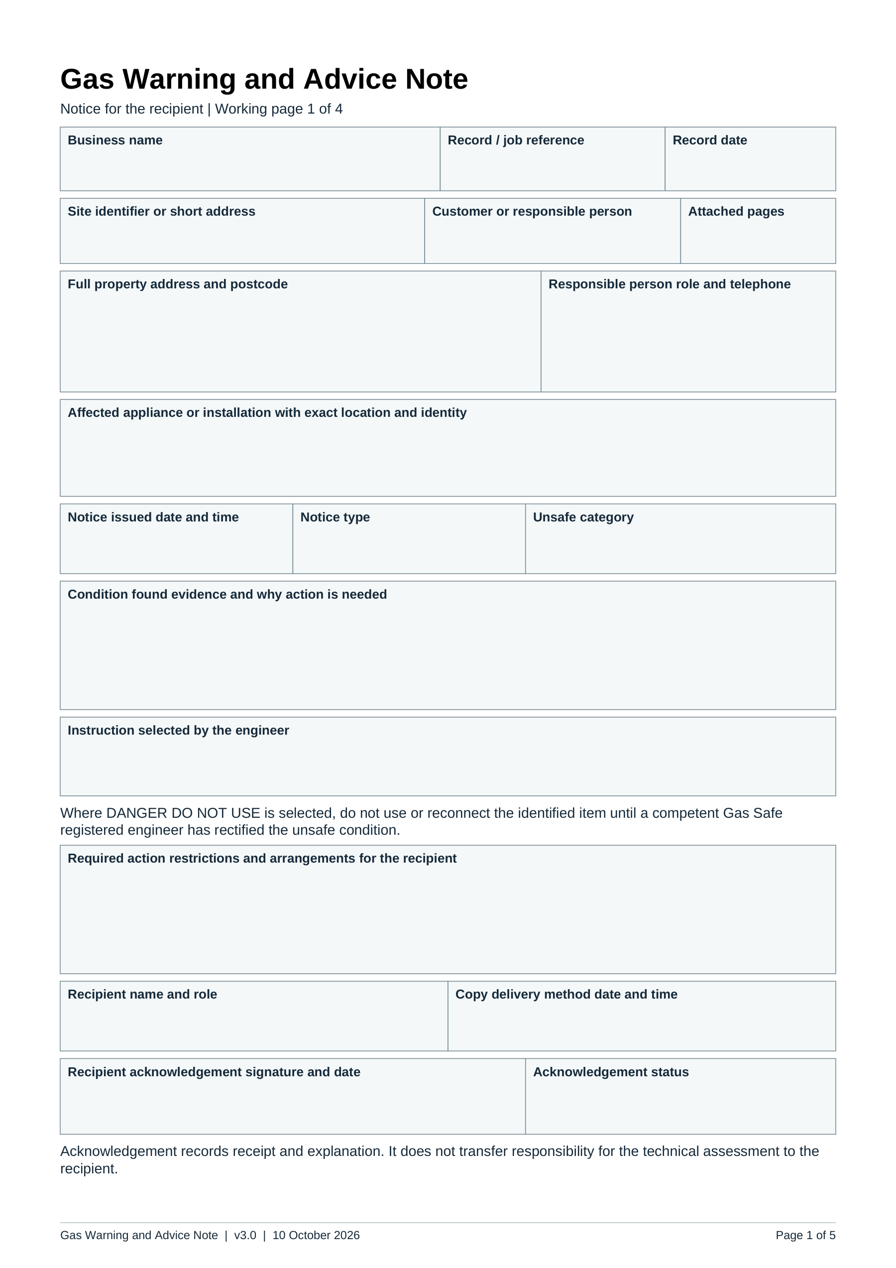 Preview of Gas Warning and Advice Note