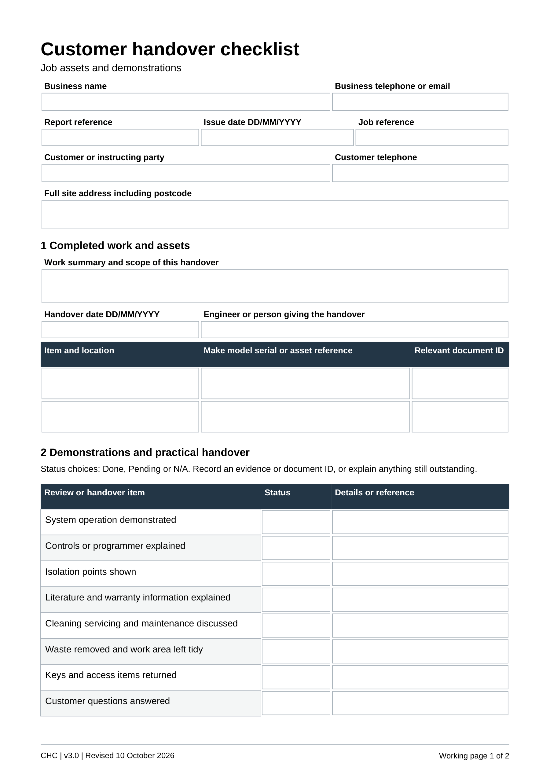 Preview of Plumbing Customer Handover Checklist
