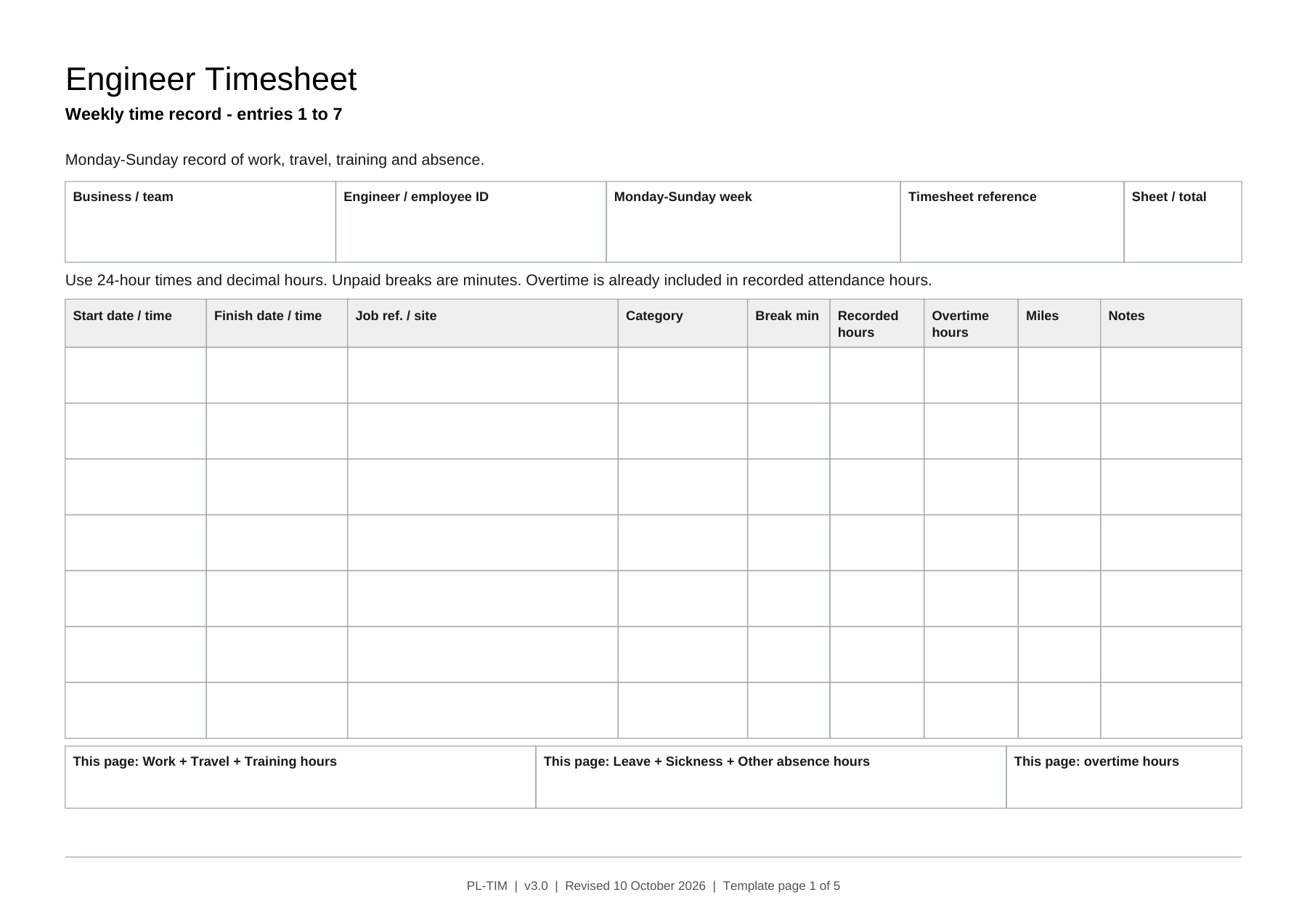 Preview of Plumbing Engineer Timesheet