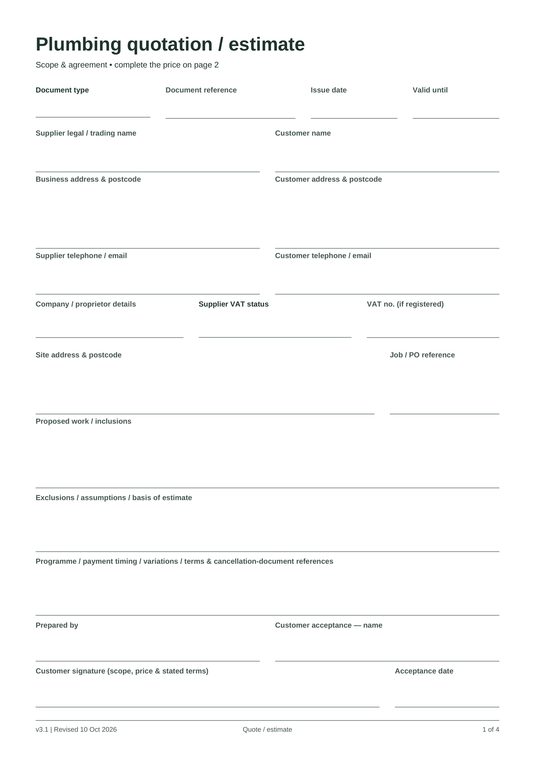 Preview of Plumbing Quote and Estimate Template