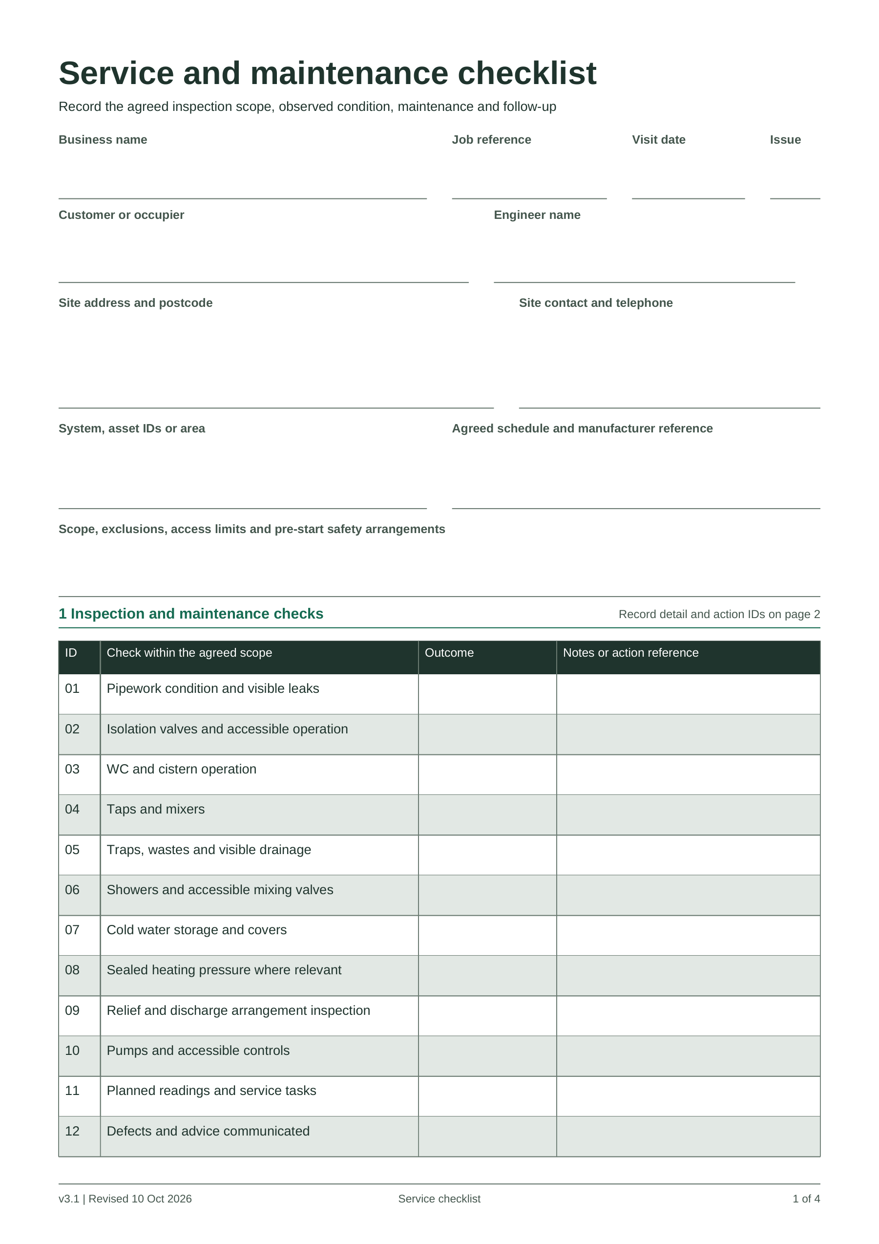 Preview of Plumbing Service and Maintenance Checklist
