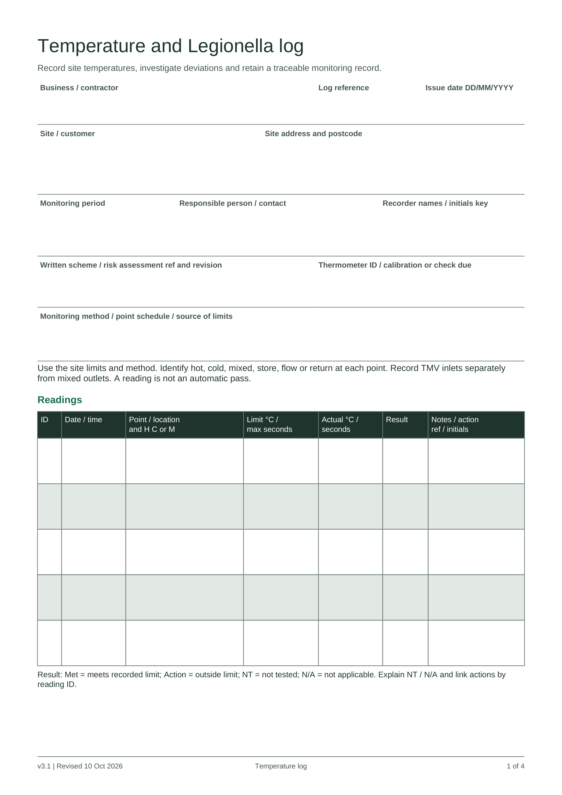 Preview of Plumbing Temperature / Legionella Monitoring Log