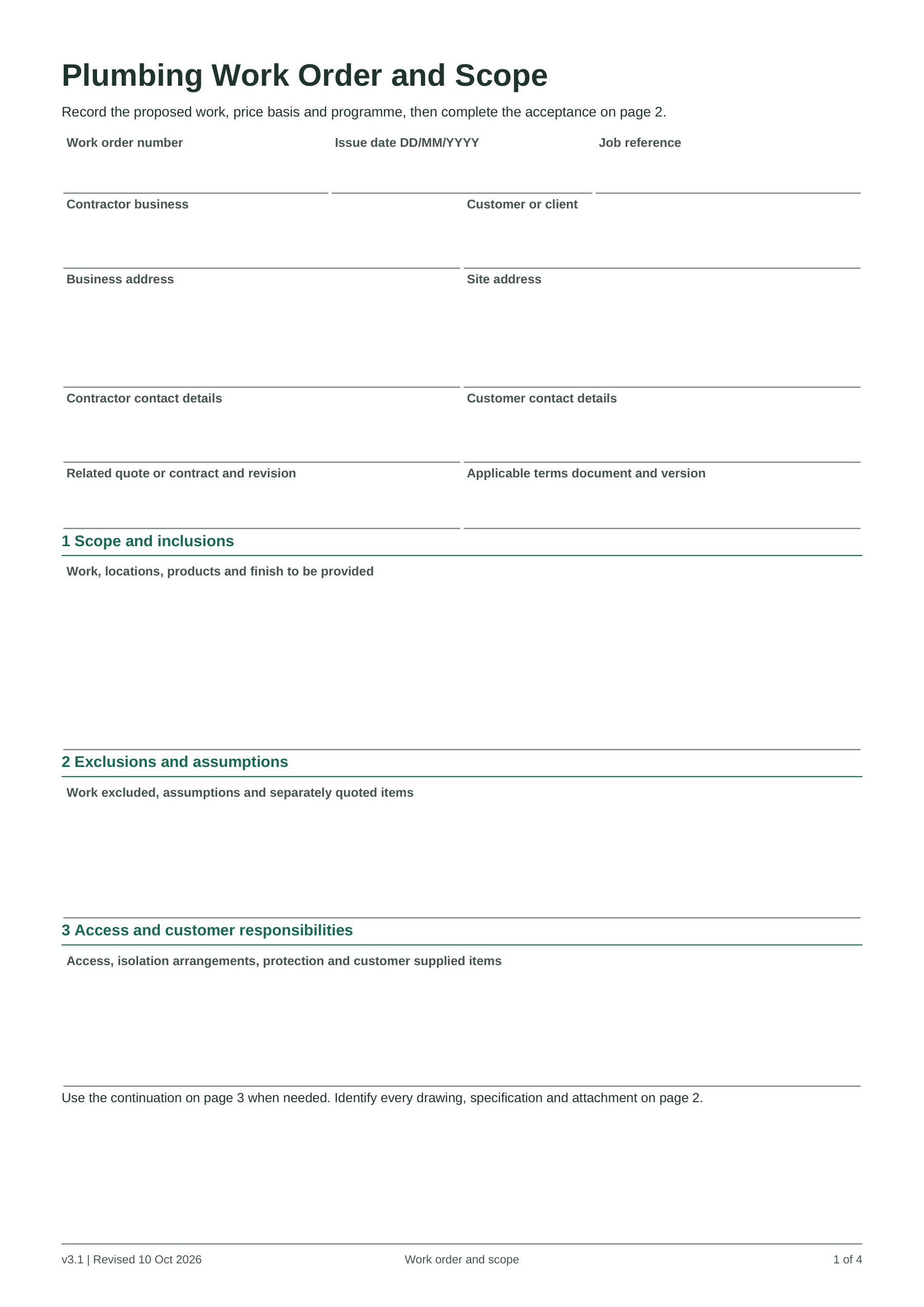 Preview of Plumbing Work Order and Scope of Work